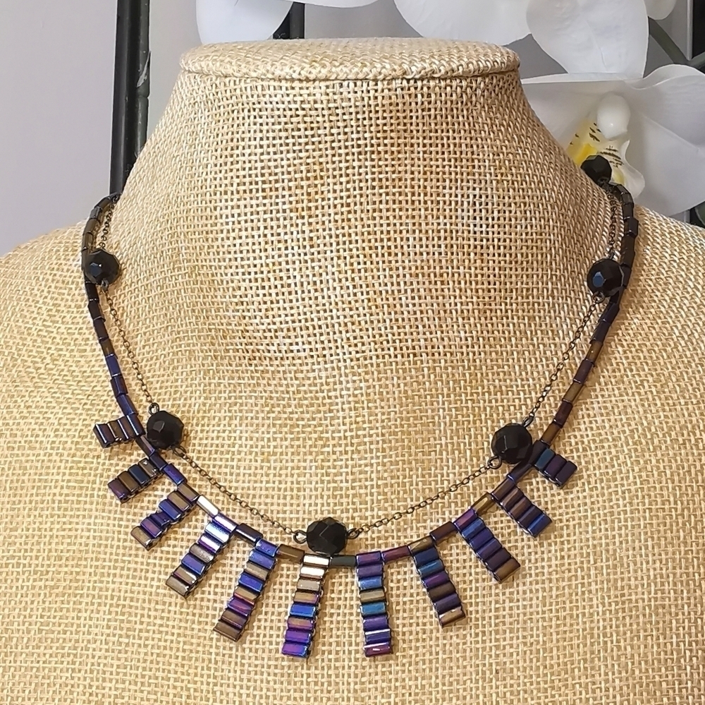 Czech bugle bead necklace crystal iridescent blue black beads 🆕